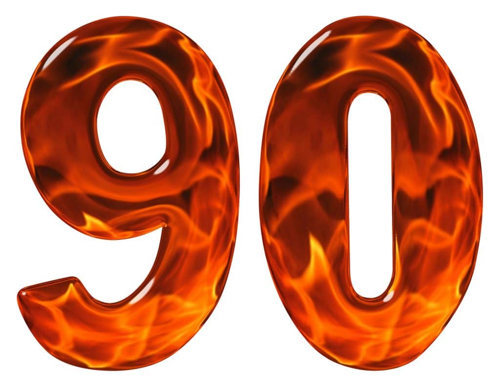 90, ninety, numeral, imitation glass and a blazing fire, isolated on white background