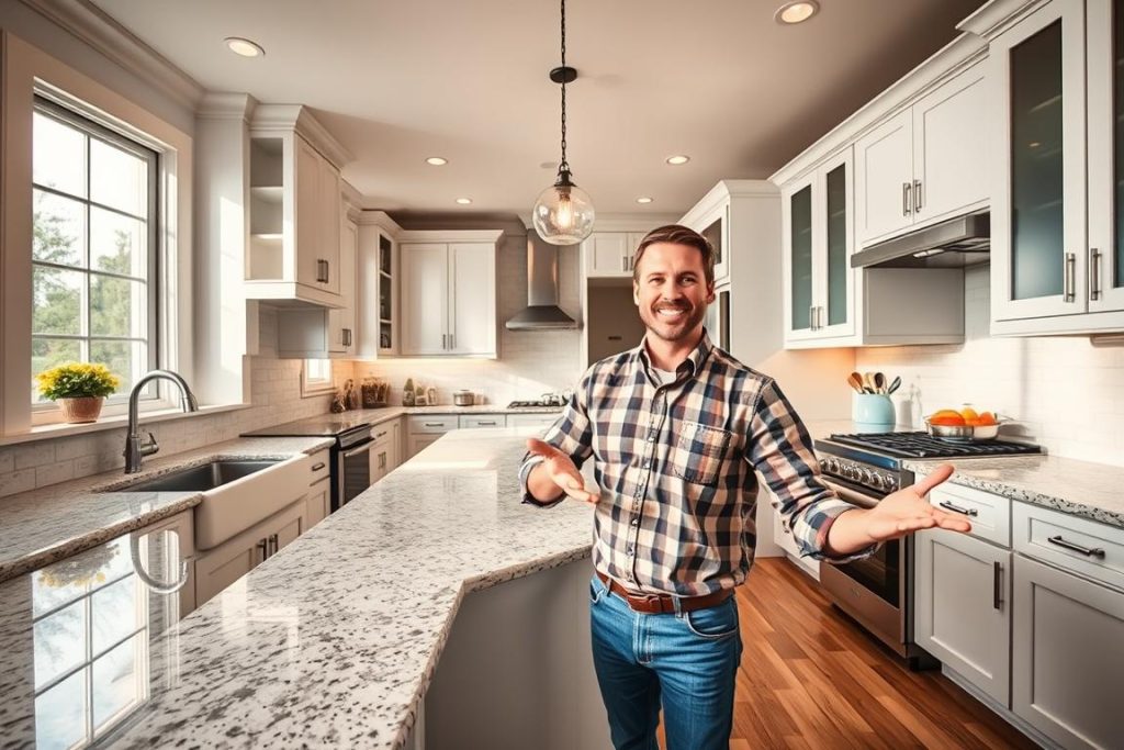 A bright and inviting kitchen transformation, showcasing the power of "1BuilderMedia Marketing." The scene features a happy general contractor proudly presenting the newly remodeled space, captured from a low angle with a wide-angle lens to emphasize the impressive scale. Soft, diffused lighting from large windows bathes the room in a warm, natural glow, highlighting the gleaming granite countertops, sleek cabinetry, and state-of-the-art appliances. The composition draws the viewer's eye through the open floor plan, leading to a beautifully tiled backsplash and a stylish, modern farmhouse-inspired décor. The overall mood is one of accomplishment, professionalism, and the transformative potential of effective visual content marketing.