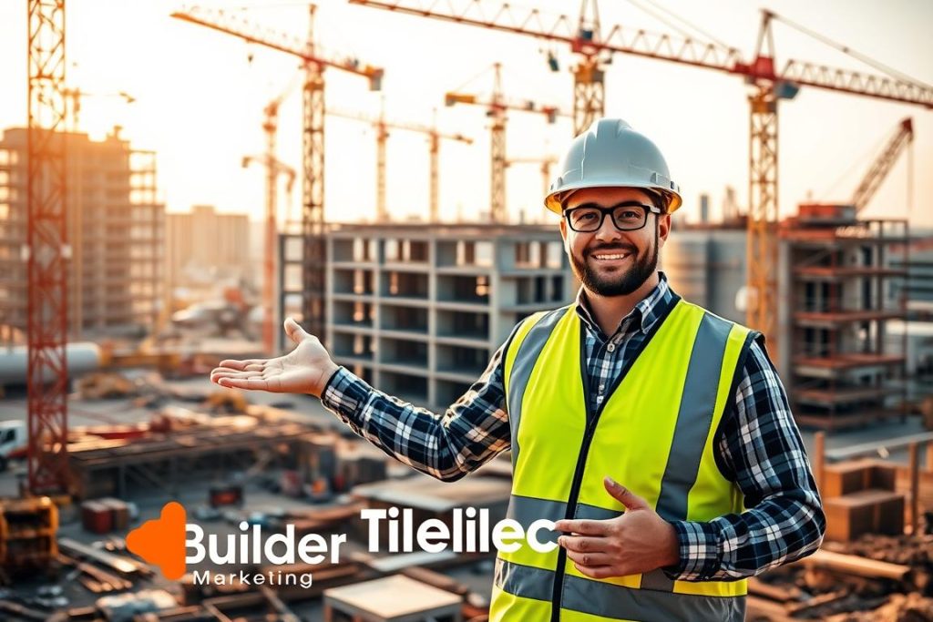 A bustling construction site with a proud general contractor showcasing their latest project. The foreground features the contractor, dressed in a hard hat and safety vest, gesturing proudly towards a partially completed building in the middle ground. The background is filled with cranes, scaffolding, and construction workers, all working diligently to bring the project to life. The scene is illuminated by warm, natural lighting, creating a sense of optimism and accomplishment. The 1BuilderMedia Marketing brand is subtly incorporated into the environment, adding a professional touch to the overall image.