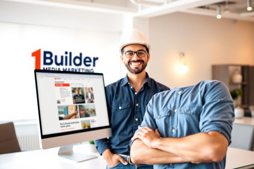 A happy, confident general contractor standing confidently in a well-lit, modern office space, showcasing their online presence on a sleek, high-resolution desktop computer. The scene has a warm, inviting atmosphere, with soft lighting and a clean, minimalist design. In the background, the "1BuilderMedia Marketing" brand name is prominently displayed, reflecting the contractor's commitment to a contractor-centric online marketing solution. The overall image conveys a sense of professionalism, expertise, and a strong online presence.