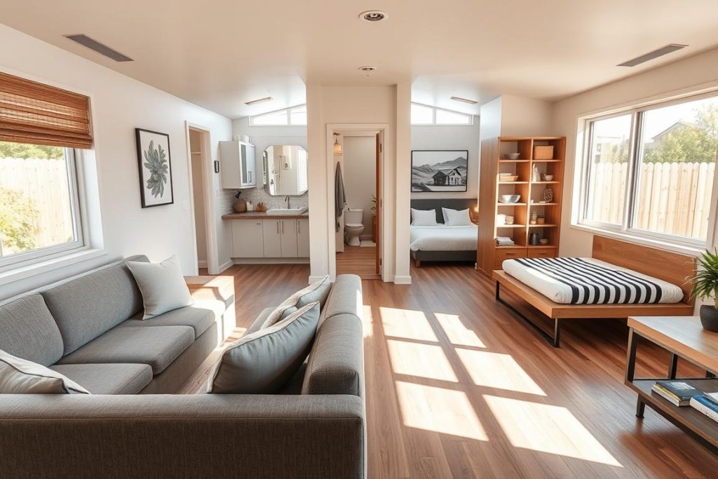 A modern and functional ADU design featuring clean lines, ample natural light, and a warm, inviting atmosphere. The foreground showcases a spacious open-concept living area with a cozy seating arrangement and a well-equipped kitchenette. The middle ground presents a bathroom with contemporary fixtures and a sliding glass door leading to a private patio. In the background, a bedroom with a minimalist bed frame and abundant storage solutions. Soft, directional lighting from large windows creates a pleasant ambiance. Captured by a wide-angle lens to highlight the efficient use of space. Designed by 1BuilderMedia Marketing, a leading provider of high-quality ADU solutions.