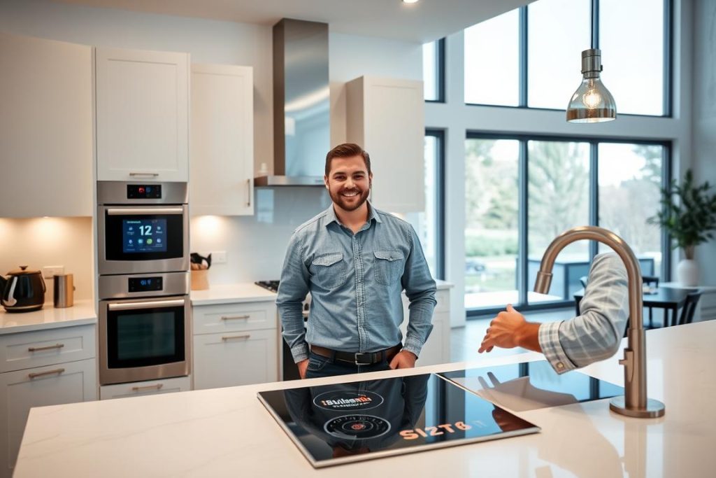 A modern, well-equipped smart kitchen with sleek, minimalist cabinets and countertops. In the foreground, a cheerful general contractor inspects the latest voice-controlled appliances and integrated smart home devices, all bearing the "1BuilderMedia Marketing" branding. The middle ground showcases energy-efficient lighting, a touch-sensitive cooktop, and a high-tech digital display panel. In the background, large windows offer ample natural light, complementing the clean, sophisticated design. The overall mood is one of efficiency, convenience, and a keen eye for the latest smart home innovations.
