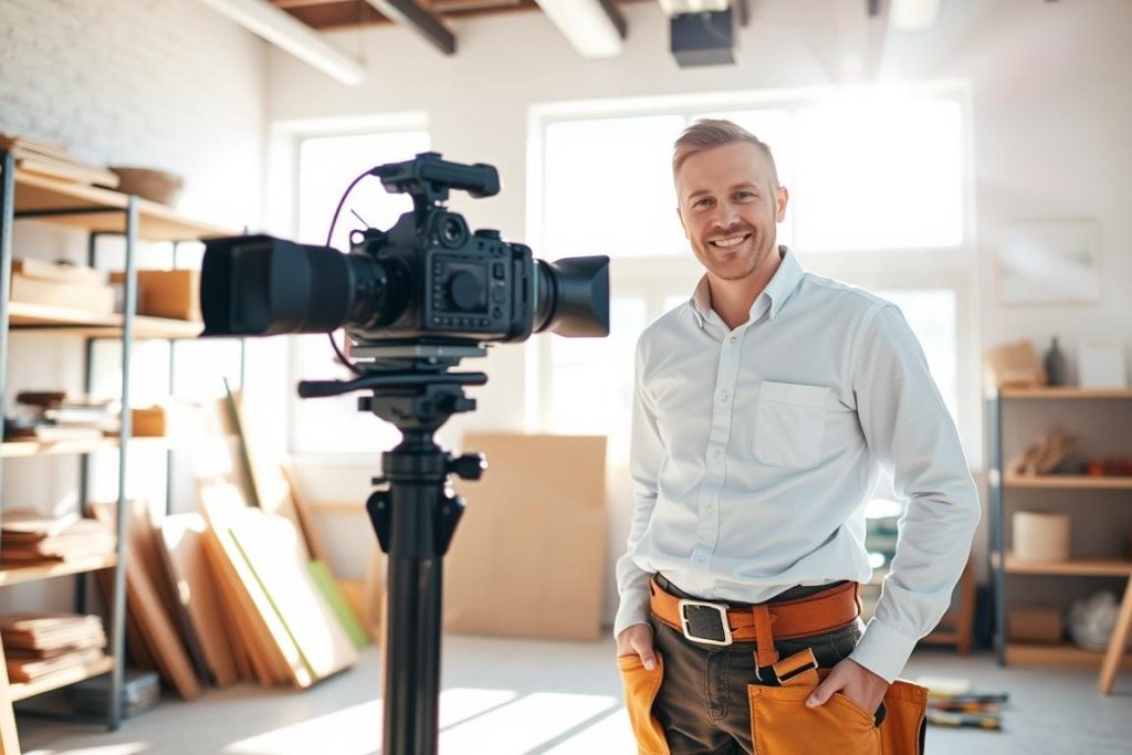 A professional contractor in a crisp, clean shirt and toolbelt stands in a bright, airy room, recording a video on a high-quality DSLR camera. Sunlight streams in through large windows, casting a warm glow. In the background, shelves display various construction materials and tools, hinting at the contractor's expertise. The overall mood is one of professionalism, competence, and an inviting, friendly demeanor, perfect for a 1BuilderMedia Marketing video showcasing the contractor's skills and services to potential clients in Sacramento.