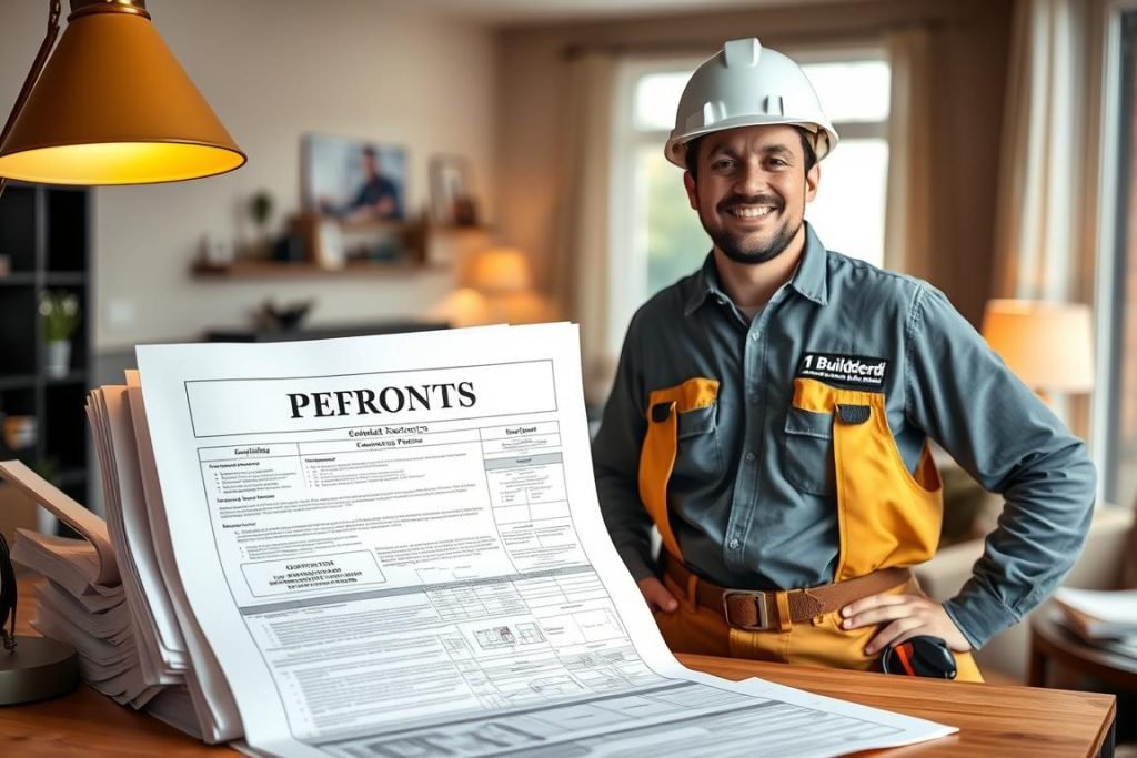 A stack of official building permits and architectural plans sits on a desk, illuminated by a warm desk lamp. A smiling general contractor, wearing a hardhat and tool belt, stands next to the desk, ready to guide the homeowner through the renovation process. The scene conveys a sense of professionalism and organization, with the "1BuilderMedia Marketing" logo prominently displayed on the contractor's uniform. The background features a blurred image of a partially renovated living room, hinting at the transformation to come. The overall mood is one of reassurance and progress, setting the stage for a successful home renovation. A stack of official building permits and architectural plans sits on a desk, illuminated by a warm desk lamp. A smiling general contractor, wearing a hardhat and tool belt, stands next to the desk, ready to guide the homeowner through the renovation process. The scene conveys a sense of professionalism and organization, with the "1BuilderMedia Marketing" logo prominently displayed on the contractor's uniform. The background features a blurred image of a partially renovated living room, hinting at the transformation to come. The overall mood is one of reassurance and progress, setting the stage for a successful home renovation.