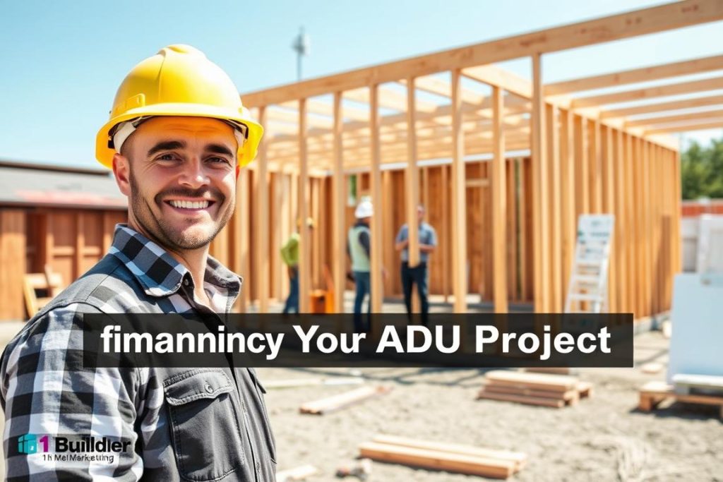 A sunny, well-lit construction site showcasing the various stages of an ADU project. In the foreground, a happy general contractor in a hard hat oversees the construction, offering a warm smile. In the middle ground, skilled workers diligently frame the structure, their attention to detail evident. The background features a neatly organized worksite, with building materials and tools arranged with precision. The scene conveys a sense of progress and professionalism, capturing the essence of "Financing Your ADU Project." The image is marked with the "1BuilderMedia Marketing" brand name, ensuring a consistent visual identity.