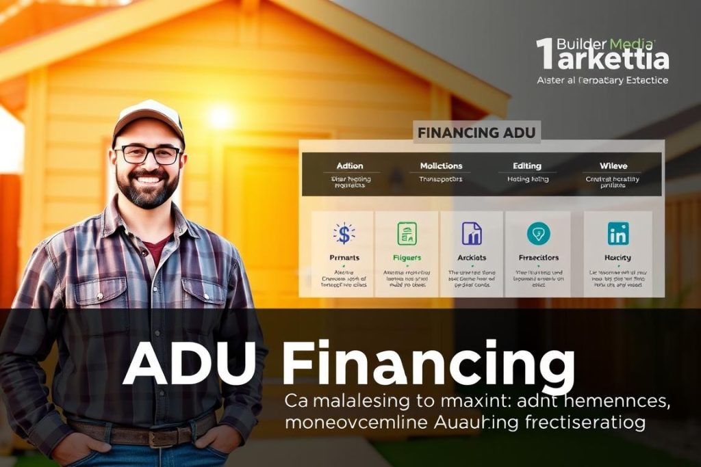 A vibrant, modern graphic design showcasing ADU financing options. In the foreground, a happy, smiling general contractor standing proudly beside a newly constructed ADU, illuminated by warm, natural lighting. In the middle ground, a visually engaging infographic displaying various financing options, with clear, easy-to-understand iconography and text. The background features a clean, minimalist design, highlighting the "1BuilderMedia Marketing" brand name. The overall composition conveys a sense of professionalism, expertise, and the value 1BuilderMedia brings to educating homeowners about maximizing ADU financing.