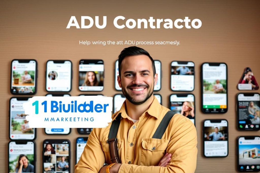 A vibrant social media feed showcasing the expertise and personable nature of an ADU contractor. In the foreground, a smiling general contractor poses confidently, framed by a sleek and modern "1BuilderMedia Marketing" logo. The middle ground features a dynamic display of smartphone screens, each showcasing engaging content such as project photos, client testimonials, and informative tips. The background sets the scene with a soft, warm lighting and a subtle textured wall, creating a welcoming and professional atmosphere. The overall mood conveys a sense of trust, expertise, and a commitment to helping homeowners navigate the ADU process seamlessly.