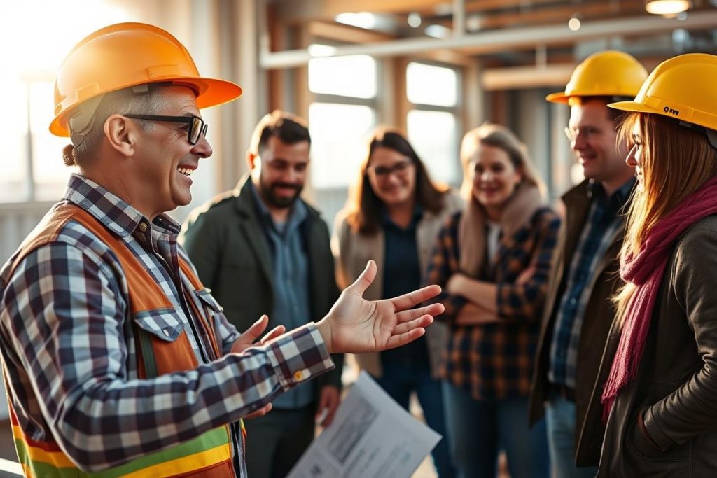 A well-lit construction site with a happy general contractor enthusiastically sharing building plans and progress with a group of attentive clients. The scene is bathed in warm sunlight, with the contractor gesturing animatedly and the clients leaning in, captivated by the storytelling. In the background, the 1BuilderMedia Marketing logo is subtly visible on the contractor's hardhat, reflecting the brand's focus on effective construction marketing through the power of storytelling.