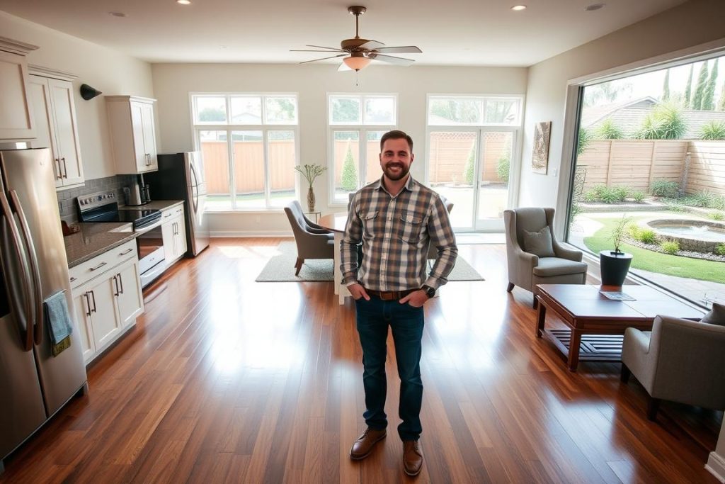 A well-lit interior of a newly renovated Sacramento home, showcasing the exceptional work of 1BuilderMedia Marketing. In the foreground, a happy general contractor stands proudly amid the gleaming hardwood floors, modern appliances, and stylish furnishings. The middle ground features a spacious living room with large windows flooding the space with natural light, while the background reveals a beautifully landscaped outdoor area, complete with a lush garden and a tranquil water feature. The overall atmosphere conveys a sense of warmth, comfort, and pride in a successful renovation project.