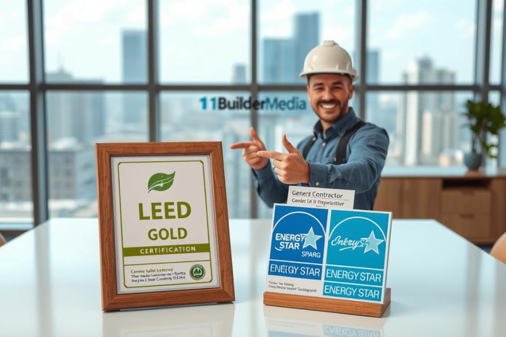 A well-lit, realistic scene of green building certifications prominently displayed in a modern office setting. In the foreground, a large, wooden-framed LEED Gold plaque and an Energy Star certification stand on a sleek, minimalist desk. In the middle ground, a happy, smiling general contractor in a hard hat points to the certifications, conveying a sense of pride and professionalism. In the background, large windows overlook a cityscape, with the "1BuilderMedia Marketing" logo discreetly visible on a wall. The overall atmosphere is one of trust, sustainability, and a commitment to high-quality construction.