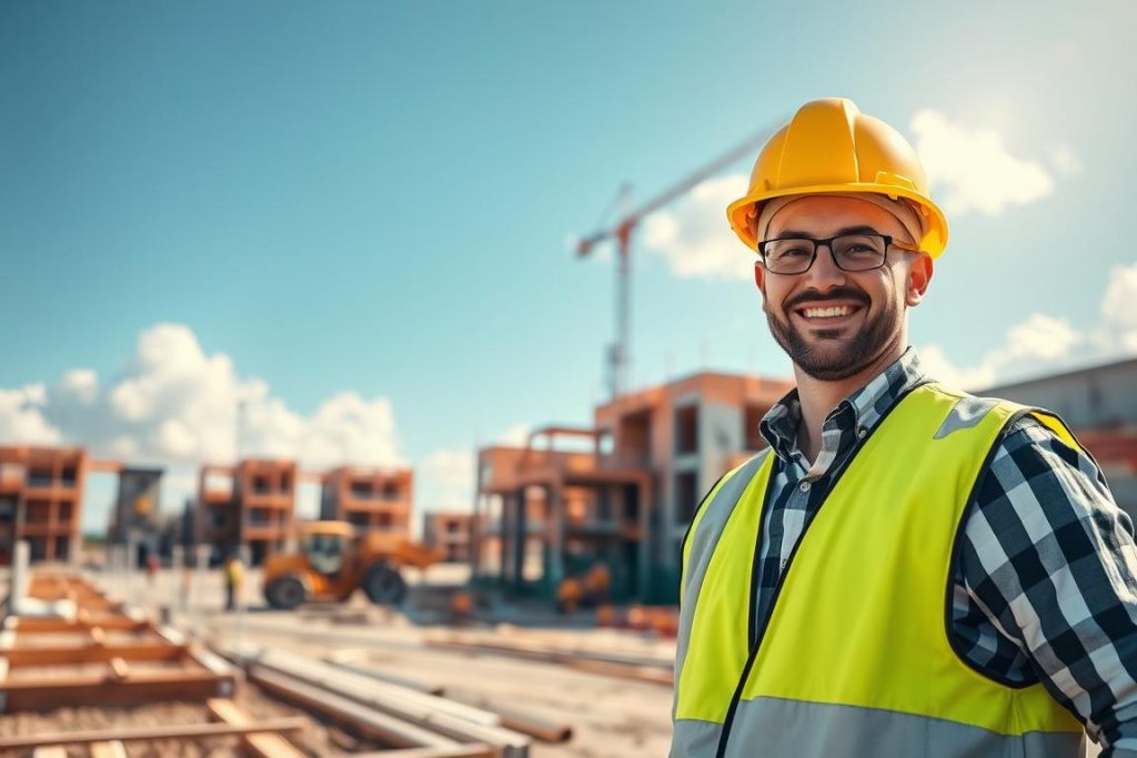 An image of a construction website photography showcasing a happy, smiling general contractor working on a construction site. The foreground features the contractor in a bright, well-lit setting, wearing a hardhat and safety vest, overseeing the construction progress. The middle ground shows the construction site with workers, machinery, and materials, all captured in a high-quality, professional manner. The background includes a clear blue sky with fluffy clouds, creating a warm and inviting atmosphere. The overall image conveys a sense of productivity, progress, and the high-quality work of "1BuilderMedia Marketing".