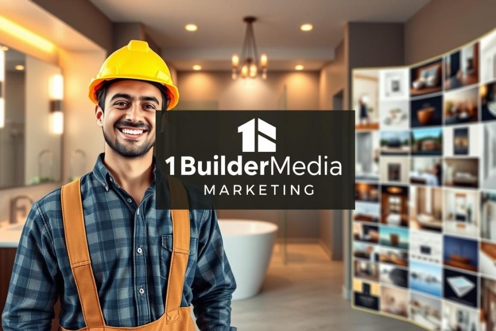 Detailed architectural rendering of a vibrant, welcoming marketing visual for bathroom renovators. In the foreground, a smiling, professional general contractor in a hardhat stands against a backdrop of a modern, elegantly remodeled bathroom with sleek fixtures and warm lighting. The middle ground features a stylized "1BuilderMedia Marketing" brand logo, while the background showcases a variety of high-quality, inspirational bathroom design images. Captured with a wide-angle, cinematic lens under natural, directional lighting to create a sense of depth and atmosphere, conveying a mood of professionalism, creativity, and customer satisfaction.