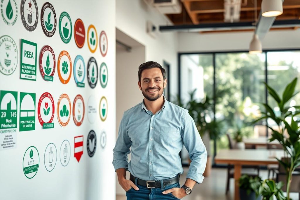 Vibrant and inspiring image of "green building certifications" that showcases the expertise and qualifications of a 1BuilderMedia Marketing contractor. Set in a modern, well-lit office, the foreground features various certification logos and badges prominently displayed on the wall, reflecting the contractor's commitment to sustainable practices. The middle ground depicts the contractor, a friendly and approachable individual, standing in a professional yet inviting pose, conveying a sense of expertise and reliability. The background offers a glimpse of the office's sophisticated design, with clean lines, natural materials, and subtle greenery, further emphasizing the sustainable ethos. The overall atmosphere is one of professionalism, transparency, and environmental consciousness, perfectly aligning with the article's focus on highlighting sustainable renovations and certifications.