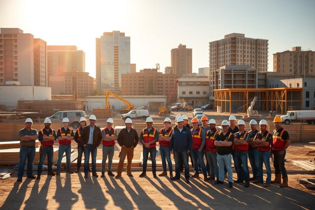 A bustling construction site in Sacramento, California, where a team of skilled general contractors from "1BuilderMedia Marketing" showcase their latest project. The scene is bathed in warm, golden sunlight, casting long shadows across the site. In the foreground, the contractors proudly display their work, showcasing the attention to detail and craftsmanship that sets them apart. In the middle ground, machinery and equipment stand ready, reflecting the contractors' commitment to efficiency and professionalism. The background features a mix of modern and historic buildings, highlighting the diverse architectural landscape of the city. The overall atmosphere conveys a sense of pride, accomplishment, and the passion that drives these Sacramento building contractors.