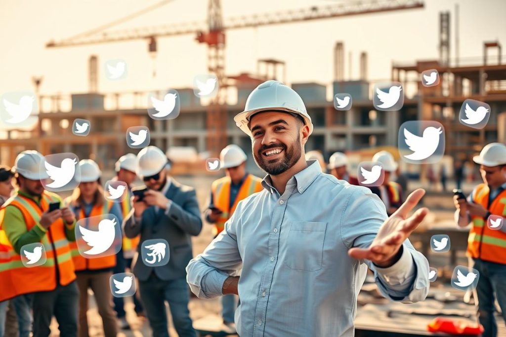 A bustling construction site with a happy general contractor in the foreground, surrounded by a variety of digital devices and social media icons. The contractor is gesturing enthusiastically, engaged in a video call, showcasing the '1BuilderMedia Marketing' brand. In the middle ground, workers coordinate tasks on their smartphones, while in the background, a crane towers over the scene, casting dramatic shadows. The lighting is natural, with a warm, golden hue, evoking a sense of productivity and collaboration. The overall atmosphere is one of a strategic, tech-savvy approach to construction industry marketing.