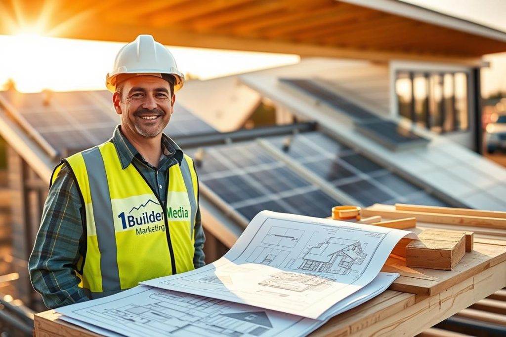 A bustling construction site, with a modern, energy-efficient home taking shape. A smiling general contractor, clad in a hardhat and safety vest, oversees the project. In the background, sleek solar panels adorn the roof, showcasing the home's sustainable energy solutions. Warm afternoon sunlight filters through the site, casting a golden glow on the scene. The "1BuilderMedia Marketing" logo is prominently displayed on the contractor's vest, highlighting the company's role in promoting sustainable home building practices. Detailed blueprints and architectural renderings are scattered across a nearby workbench, illustrating the innovative AI-driven design process. The overall atmosphere conveys the benefits of incorporating AI technology into the home building industry, from improved energy efficiency to streamlined construction workflows.
