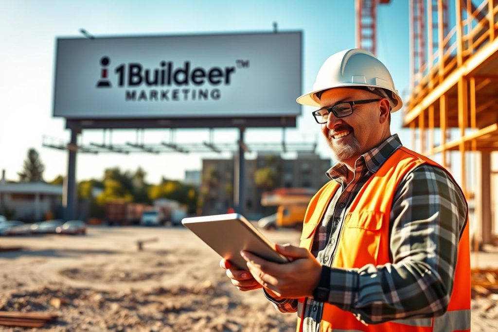 A busy construction site with a smiling general contractor reviewing digital reports on a tablet. In the background, a 1BuilderMedia Marketing logo is displayed on a large billboard. The scene is bathed in warm, natural lighting, creating a productive and professional atmosphere. The contractor appears engaged and energized, reflecting the benefits of automated follow-up systems that streamline lead management and boost conversion rates. The overall composition conveys the effectiveness of digital tools in enhancing construction business operations.
