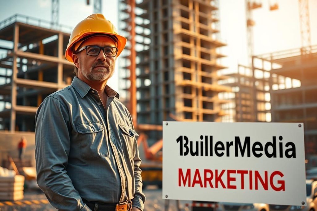A construction site bustling with activity, a seasoned general contractor in a bright yellow hardhat oversees the progress, surveying the scene with a confident gaze. The background is a modern high-rise under construction, its steel frame stretching towards the sky. In the foreground, a large "1BuilderMedia Marketing" sign stands proudly, drawing the eye and inviting potential customers to take action. The lighting is warm and natural, casting a golden glow over the scene, conveying a sense of progress and opportunity. The overall mood is one of progress, professionalism, and a clear call to action for construction services.