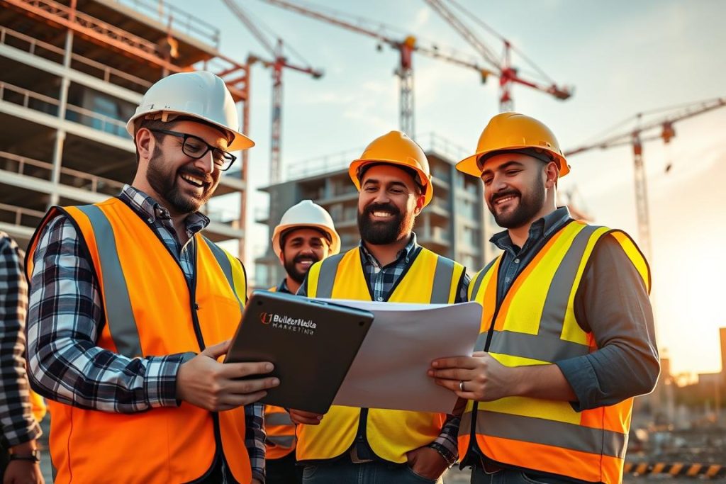 A construction site bustling with activity, a team of workers in hard hats and high-vis vests collaborating under the warm glow of the afternoon sun. In the foreground, a happy general contractor reviews plans on a digital tablet, the "1BuilderMedia Marketing" logo prominently displayed. Behind them, cranes and scaffolding stretch towards the sky, as a modern office building takes shape. The scene conveys a sense of progress, efficiency, and the power of AI-driven construction marketing to drive success.