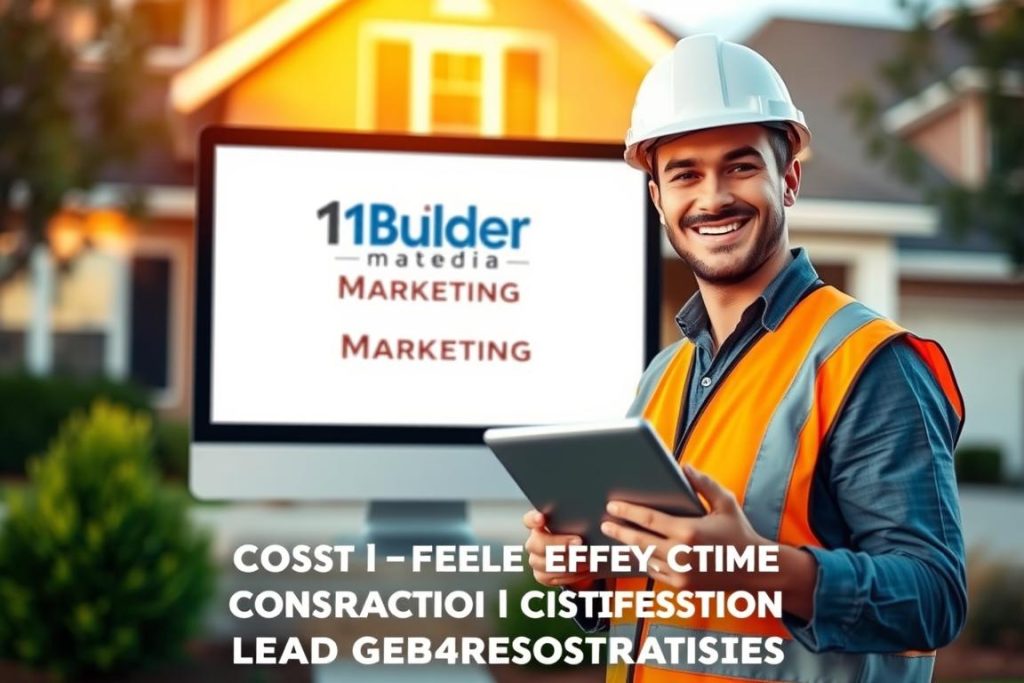 A construction worker in a hard hat and safety vest stands in front of a residential home, holding a tablet and smiling. In the background, a computer screen displays the "1BuilderMedia Marketing" brand name, showcasing a user-friendly lead generation platform. Warm lighting and a suburban neighborhood setting create a positive, inviting atmosphere. The scene conveys the message of cost-effective, effective contractor lead generation strategies.