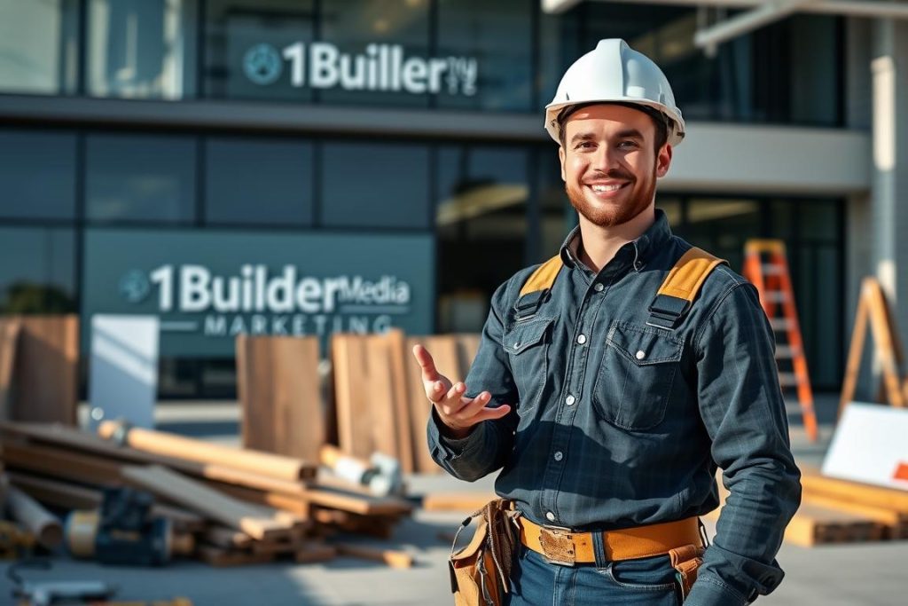 A friendly and professional-looking general contractor standing in a sunny, well-lit construction site, surrounded by tools and building materials. In the background, a sleek, modern office building with the "1BuilderMedia Marketing" branding prominently displayed. The contractor is wearing a hard hat, tool belt, and a warm, welcoming expression, gesturing towards the viewer as if offering personalized assistance. The scene conveys a sense of efficiency, reliability, and a commitment to customer service in the digital marketing space for contractors.