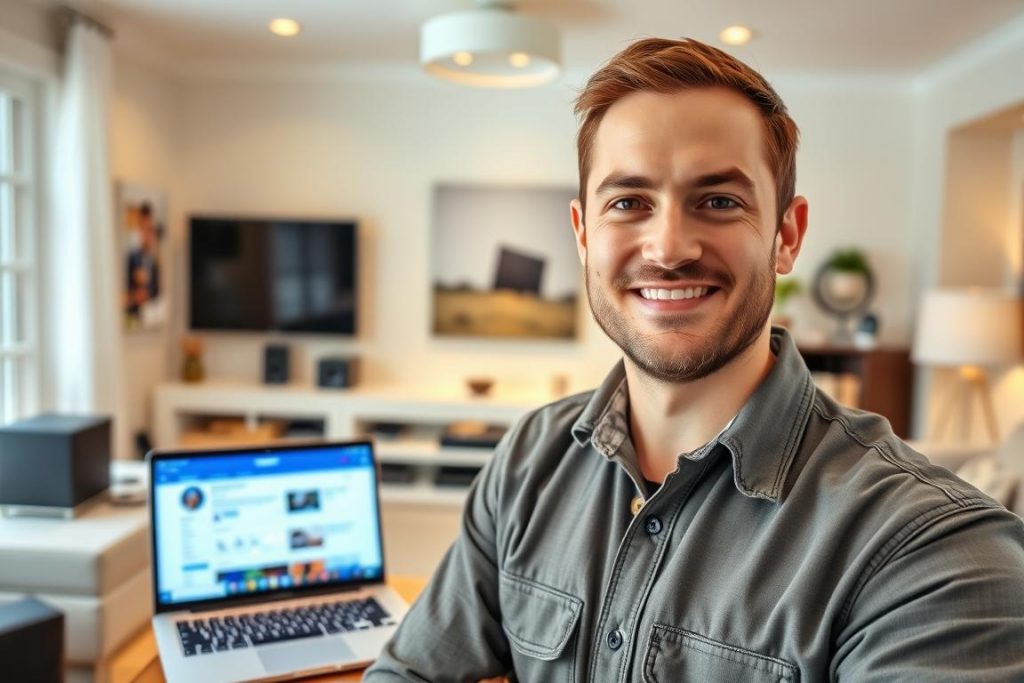 A friendly and professional-looking smart home contractor poses for a social media post, showcasing their expertise and company "1BuilderMedia Marketing". The contractor stands in a bright, modern living room, surrounded by smart home devices and technologies. Soft lighting creates a warm, inviting atmosphere. The contractor's expression is confident and approachable, making eye contact with the camera. In the background, a laptop or tablet displays a social media interface, hinting at the contractor's digital marketing efforts. The overall scene conveys the contractor's ability to provide cutting-edge smart home solutions while maintaining a strong online presence and customer engagement.