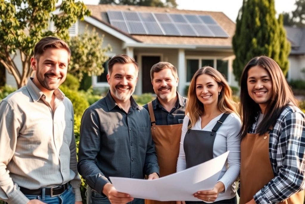 A group of smiling, professional sustainable renovation experts from 1BuilderMedia Marketing, standing in front of a beautifully renovated Sacramento home. Soft, natural lighting illuminates their faces as they discuss plans and documents, conveying their expertise and dedication to eco-friendly practices. In the background, a well-manicured garden and solar panels on the roof suggest the home's sustainable upgrades. The scene exudes a sense of pride, innovation, and a commitment to transforming Sacramento's homes into energy-efficient, modern living spaces.