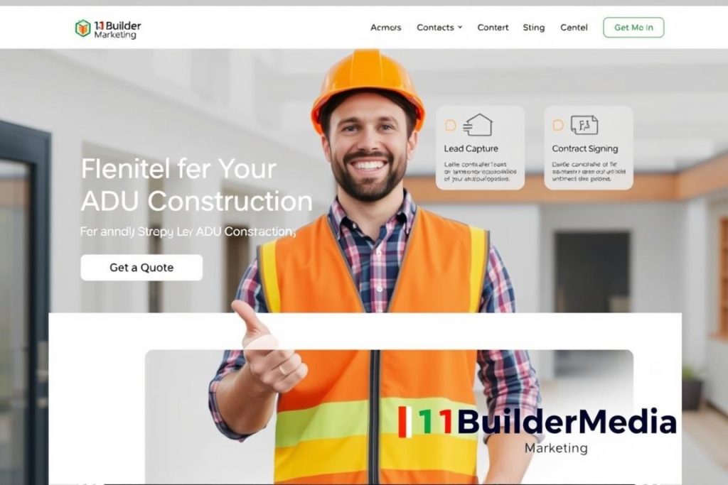 A high-resolution image of a modern, well-designed website featuring a clear sales funnel for an ADU (Accessory Dwelling Unit) contractor. The website has a clean, minimalist layout with a prominent "Get a Quote" call-to-action button. In the foreground, a happy general contractor is shown, wearing a hard hat and construction vest, gesturing towards the website. The background features a neatly organized set of icons and graphics representing the steps of the sales funnel, such as "Lead Capture," "Consultation," and "Contract Signing." The overall mood is professional and inviting, conveying the idea of a streamlined, user-friendly process for homeowners interested in ADU construction. The "1BuilderMedia Marketing" brand name is prominently displayed in the lower right corner.