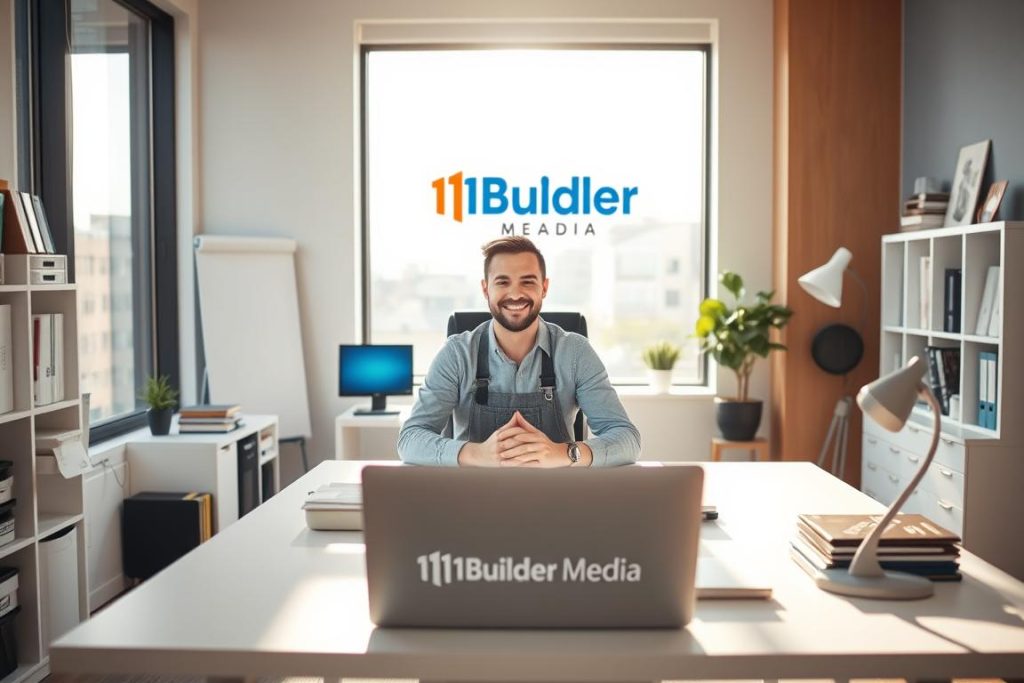 A modern and efficient office setup with a 1BuilderMedia Marketing brand logo prominently displayed. A happy general contractor is seated at a clean, minimalist desk, surrounded by a clutter-free workspace and large windows that allow natural light to flood the room. The scene conveys a sense of productivity and streamlined lead capture processes, with digital devices and organizational tools visible. The lighting is soft and diffused, creating a warm and inviting atmosphere. The overall composition emphasizes the importance of a well-designed workspace for effective lead management in home renovation projects.