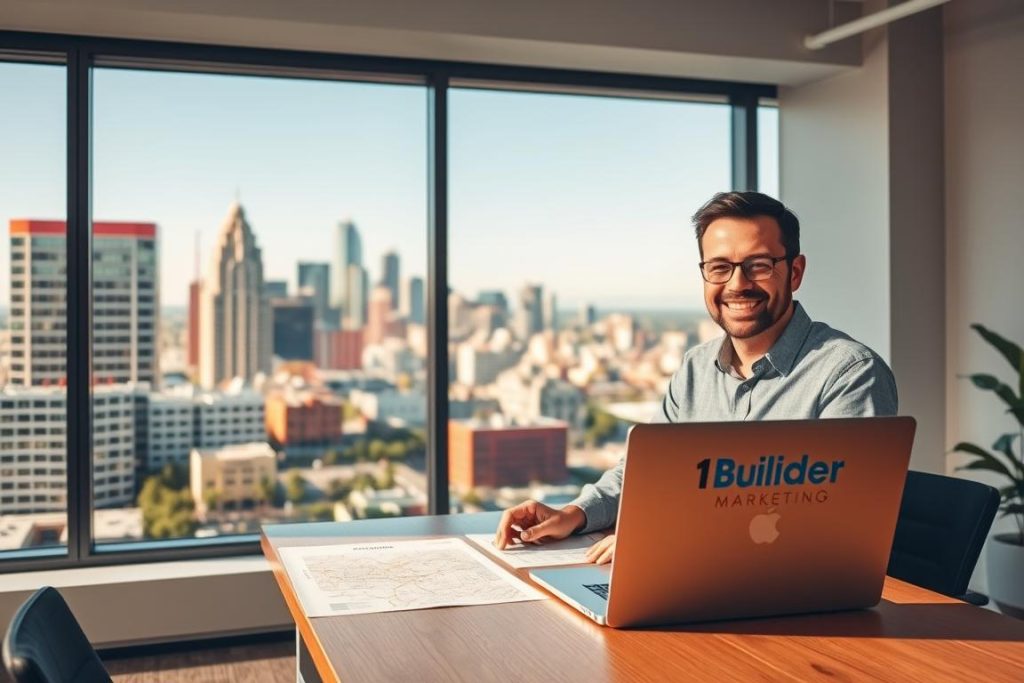 A modern office interior with a large window overlooking the city skyline of Sacramento. In the foreground, a smiling general contractor sits at a desk, reviewing local SEO strategies on a laptop labeled "1BuilderMedia Marketing". The middle ground features city maps, analytics charts, and local business directories. The background showcases the vibrant downtown landscape with iconic landmarks. The lighting is warm and natural, creating a professional yet inviting atmosphere. The camera angle is slightly elevated, capturing the scene in a clean, well-composed frame.