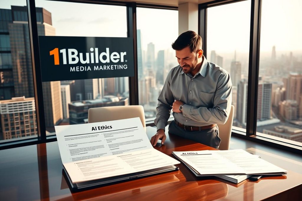 A modern office with large windows overlooking a bustling city skyline. On the desk, a neatly organized display of AI ethics guidelines and principles, including privacy, transparency, and accountability. A happy, confident general contractor in a collared shirt and slacks reviews the documents, deep in thought. The "1BuilderMedia Marketing" logo is prominently displayed on the wall behind him. Warm, natural lighting fills the space, creating a professional yet approachable atmosphere. The scene conveys a sense of diligence and commitment to ethical AI practices in the construction industry.