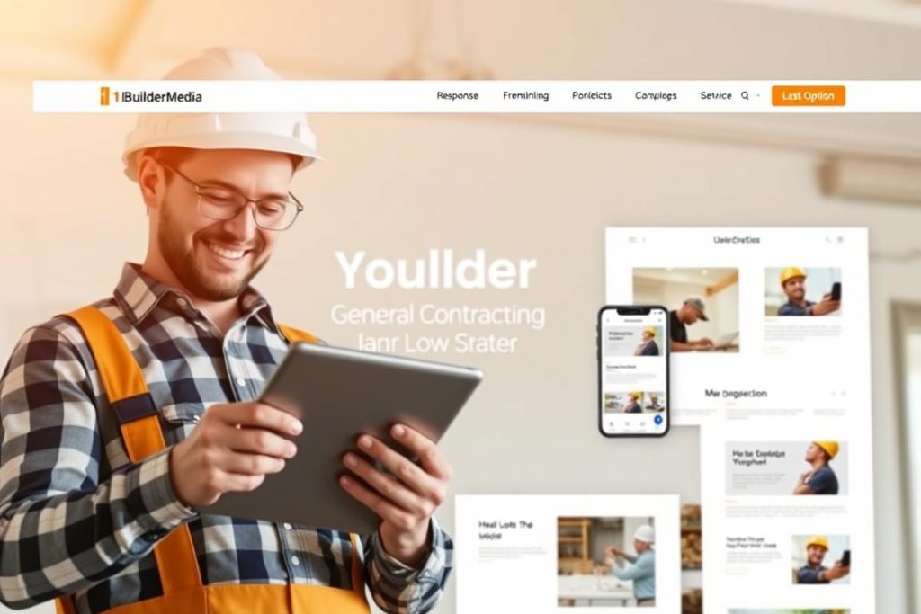 A modern, responsive website design with a clean, minimalist aesthetic. In the foreground, a happy general contractor examines a digital tablet, showcasing various mobile-friendly layout options. The middle ground features a sleek, user-friendly interface with intuitive navigation and engaging visuals. In the background, the "1BuilderMedia Marketing" brand name is subtly integrated, creating a cohesive and professional presentation. Warm, natural lighting illuminates the scene, conveying a sense of productivity and optimism.