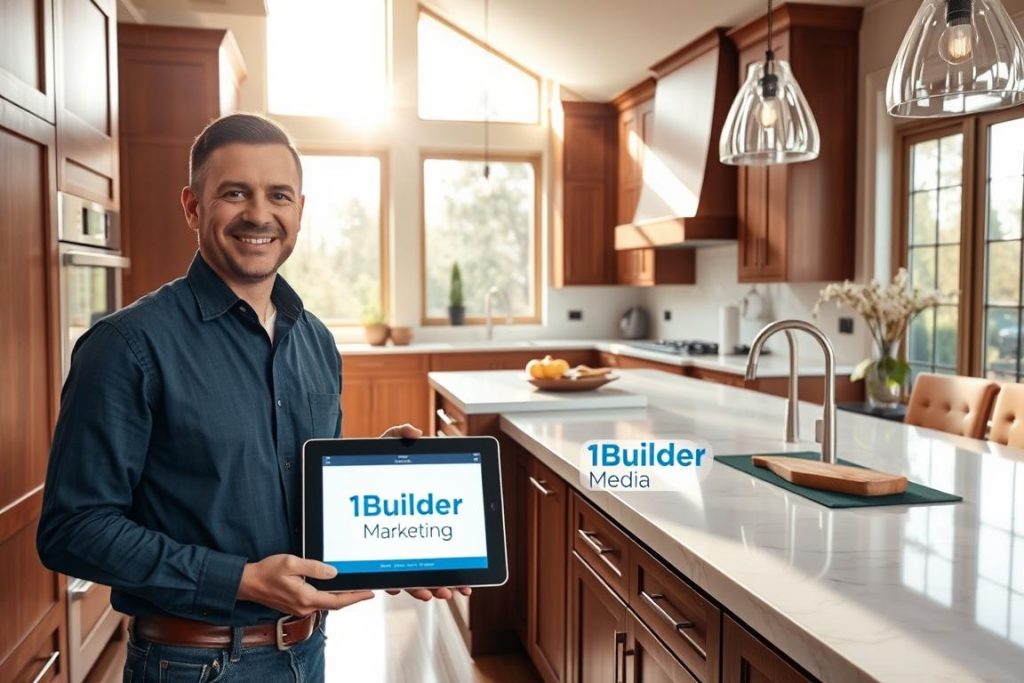 A modern, spacious luxury kitchen with high-end appliances, rich wood cabinetry, and gleaming quartz countertops. Sunlight streams in through large windows, casting a warm glow over the scene. A happy general contractor stands in the foreground, holding a tablet showcasing the "1BuilderMedia Marketing" brand. Carefully curated accessories and decor elements add a touch of elegance. The kitchen exudes a sense of sophistication and craftsmanship, inviting potential clients to envision their own dream renovation.