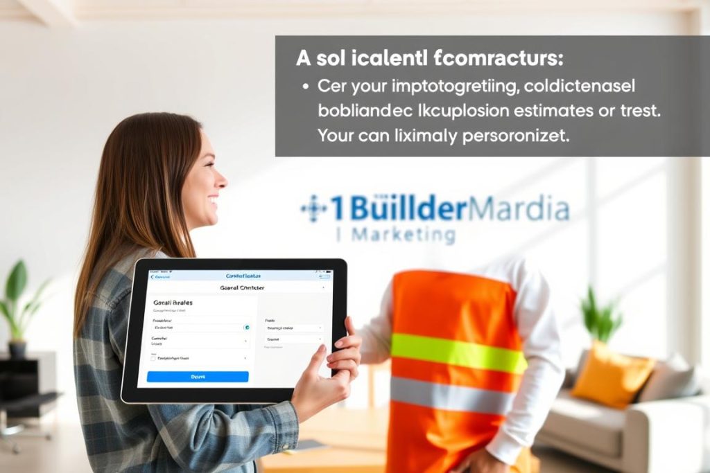 A modern, well-designed online booking system for contractor estimates, featuring a friendly general contractor greeting a happy client. The scene is set in a bright, sun-lit office with sleek, minimalist furnishings. The contractor's tablet displays a user-friendly interface, showcasing the personalization options available to the client. In the background, the "1BuilderMedia Marketing" brand is prominently displayed, reflecting the professionalism and attention to detail of the booking experience. The overall atmosphere conveys efficiency, personalization, and a positive client-contractor relationship.