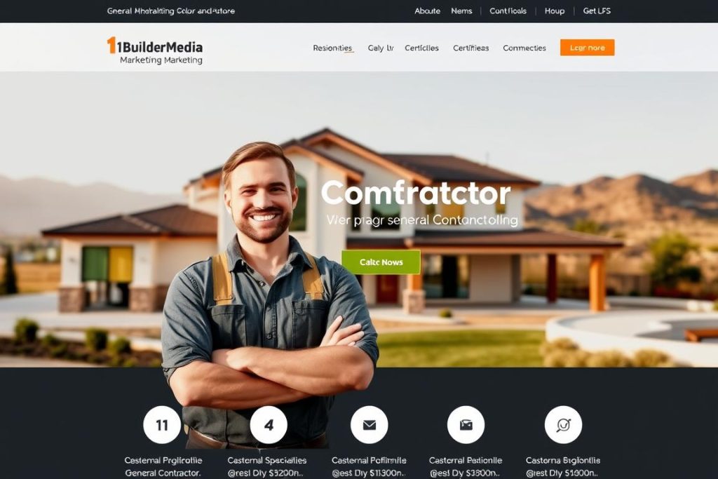 A modern, well-designed website for a general contractor in California, showcasing their expertise and services. The site features a clean, responsive layout with high-quality images of the contractor's work, including residential and commercial projects. The homepage prominently displays the "1BuilderMedia Marketing" brand, drawing the viewer's attention. In the foreground, a happy, confident general contractor stands in front of their latest project, surrounded by a warm, natural lighting that accentuates the site's professional yet approachable aesthetic. The middle ground features various sections highlighting the contractor's specialties, certifications, and customer testimonials. The background depicts a picturesque California landscape, hinting at the contractor's deep local roots and commitment to the community.
