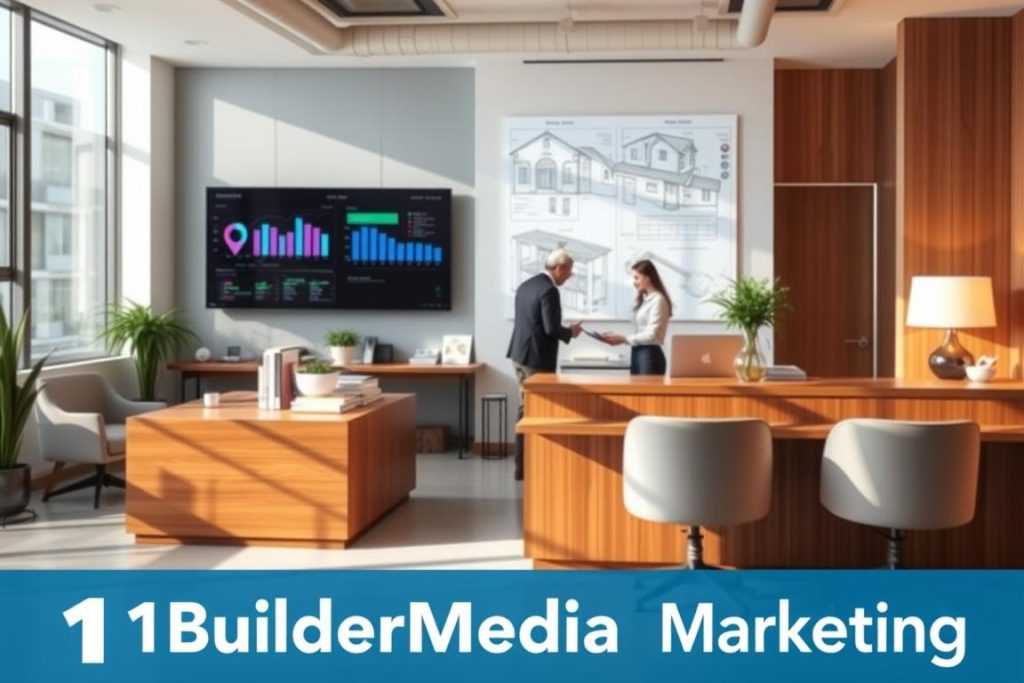 A modern, well-equipped office of a successful real estate contractor, featuring a welcoming reception area with a large wooden desk and comfortable chairs. In the background, a team of professionals are collaborating on architectural plans and project timelines displayed on digital screens. The lighting is warm and natural, creating a professional yet inviting atmosphere. The branding of "1BuilderMedia Marketing" is subtly incorporated into the decor, further enhancing the credibility and trustworthiness of the contractor's services.