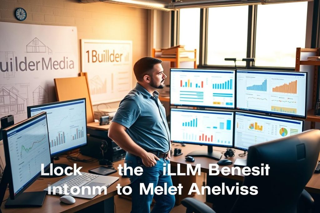 A modern, well-equipped office setting with a professional general contractor reviewing a range of market analysis tools and data visualizations on multiple screens. The contractor is dressed in a polo shirt and jeans, focused and engaged, surrounded by the branding of "1BuilderMedia Marketing". Warm, natural lighting illuminates the scene, creating a productive and collaborative atmosphere. The background features architectural plans, construction materials, and other industry-relevant elements, hinting at the contractor's expertise and the broader context of the "Unlock the LLM Benefits for Contractor Market Analysis" article.