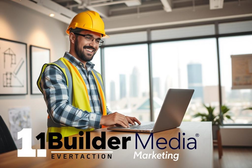 A modern, well-lit office interior with a smiling general contractor standing at a desk, reviewing a CRM software interface on a laptop. The contractor is wearing a hard hat and safety vest, conveying a professional construction site aesthetic. Behind the desk, a large window overlooking a cityscape, and on the walls, framed architectural plans and construction blueprints. Bright, warm lighting illuminates the scene, creating a productive, confident atmosphere. In the foreground, the contractor's desk features the "1BuilderMedia Marketing" logo, signifying the company's CRM implementation.