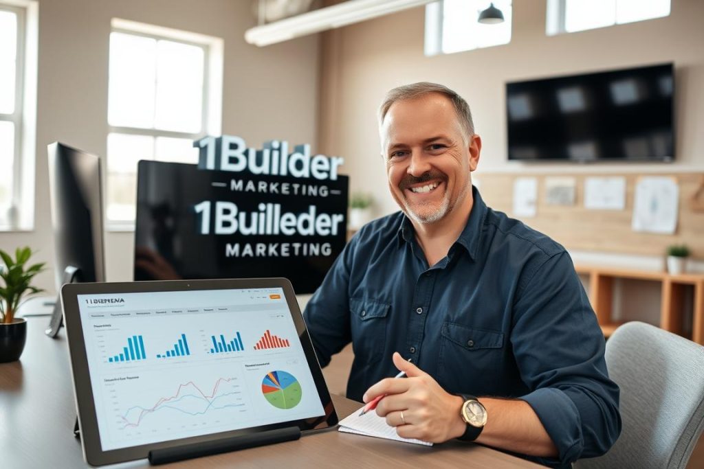 A modern, well-lit office space with a large desk and computer setup. On the desk, a tablet displays a predictive lead scoring dashboard for a general contractor, with various metrics and analytics. In the foreground, a smiling, middle-aged contractor reviews the data, making notes. Behind him, the "1BuilderMedia Marketing" logo is prominently displayed on the wall. The room has a warm, productive atmosphere, with natural lighting filtering in through large windows. The image conveys the successful implementation of a predictive lead scoring system in a general contractor's business.