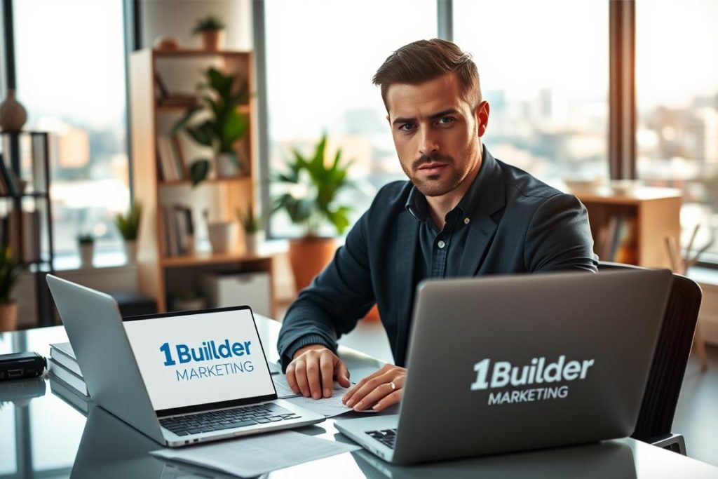 A modern, well-lit office space with a large window overlooking a vibrant cityscape. In the foreground, a professional-looking general contractor is seated at a desk, reviewing marketing materials and digital devices. On the desk, a laptop displays the "1BuilderMedia Marketing" logo. The contractor has a focused, determined expression, reflecting their dedication to content marketing strategies for ADU businesses. The middle ground showcases bookshelves, potted plants, and other decor elements that convey a productive, creative atmosphere. The background features an out-of-focus urban landscape, suggesting the contractor's connection to the local community. Soft, warm lighting casts a comfortable glow throughout the scene, creating an inviting and inspiring environment for the ADU content marketing efforts.