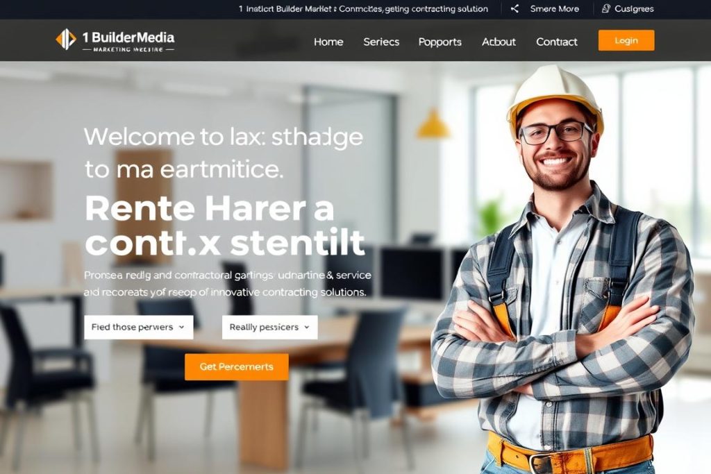 A professional and visually appealing website for a contracting business, featuring a happy general contractor showcasing their services. The foreground depicts the contractor standing confidently, with a warm, inviting expression. The middle ground showcases the website's clean, modern design, highlighting key sections and features. The background depicts a well-lit office space, conveying a professional and trustworthy atmosphere. The overall composition exudes a sense of reliability and expertise, perfectly capturing the essence of "1BuilderMedia Marketing" as a leading provider of innovative contracting solutions.
