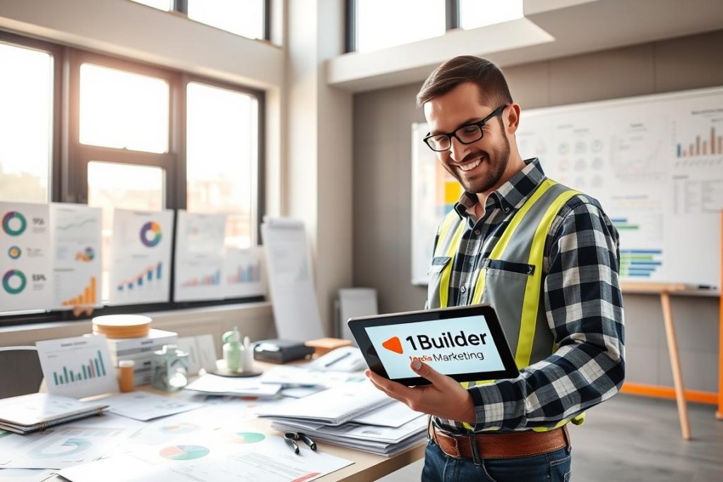 A professional construction site with a cheerful general contractor examining various performance measurement tools and analytics dashboards. The scene is well-lit with natural lighting streaming in from large windows, casting a warm glow over the modern, minimalist office space. In the foreground, the contractor is engaged with a tablet displaying the "1BuilderMedia Marketing" brand, reviewing key metrics and insights. In the middle ground, a desk is littered with an assortment of charts, graphs, and other data visualization aids. The background features a large whiteboard filled with project timelines, budgets, and other KPIs. The overall atmosphere conveys a sense of productivity, optimization, and data-driven decision making.