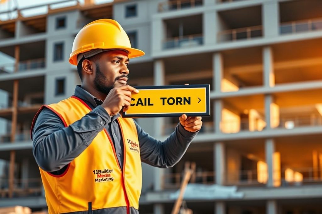 A professional construction worker in a bright yellow hard hat, standing on a construction site, carefully positioning a prominent call-to-action button on a large digital display. The scene is well-lit with warm, natural lighting, capturing the worker's focused expression as they optimize the CTA placement for maximum visibility and conversion. In the background, the partially built structure of a modern office building provides context, with the "1BuilderMedia Marketing" logo discreetly visible on the worker's safety vest.
