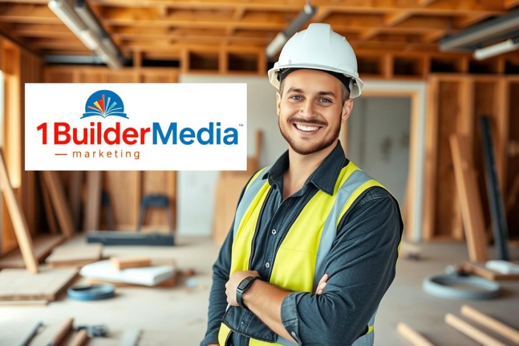 A professional, experienced ADU builder standing confidently in a well-equipped construction site, surrounded by the tools of their trade. The builder, wearing a hard hat and high-visibility vest, is looking directly at the camera with a warm, friendly expression, conveying a sense of expertise and approachability. The background features a mix of partially-constructed walls, building materials, and a "1BuilderMedia Marketing" logo prominently displayed, creating a visually interesting and contextually relevant scene. The lighting is natural and warm, accentuating the builder's features and the overall atmosphere of a successful, locally-focused ADU construction business.