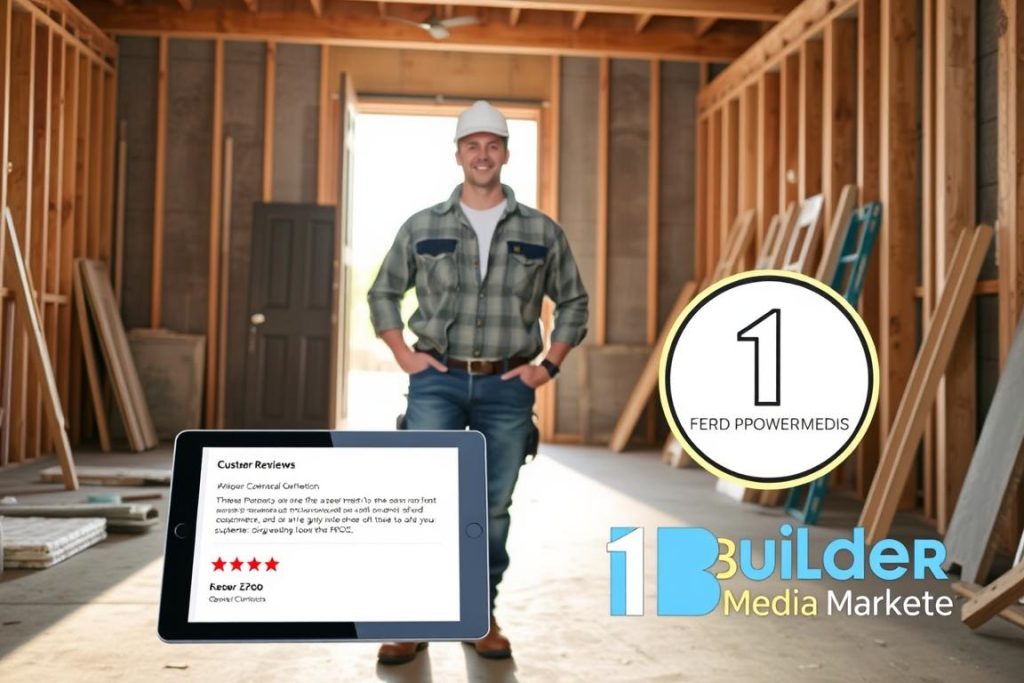 A professional general contractor in casual workwear stands proudly in a neatly organized construction site, sunlight streaming in from a wide open doorway. In the foreground, a tablet displays glowing customer reviews, while in the background, a 1BuilderMedia Marketing logo subtly adorns the scene, conveying the contractor's savvy approach to lead generation. The overall atmosphere is one of competence, success, and satisfied customers.