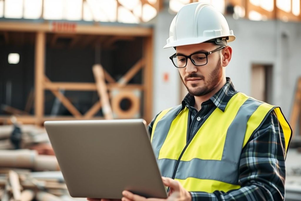 A professional general contractor reviewing YouTube analytics on a laptop, showcasing the "1BuilderMedia Marketing" brand. The contractor is wearing a hard hat and safety vest, indicating an active job site. The background features construction equipment and a partially built structure, setting the scene. Soft, natural lighting illuminates the contractor's face, conveying a sense of focus and determination. The image should have a realistic, documentary-style aesthetic, capturing the contractor's expertise in leveraging YouTube SEO to boost their Sacramento contractor business.
