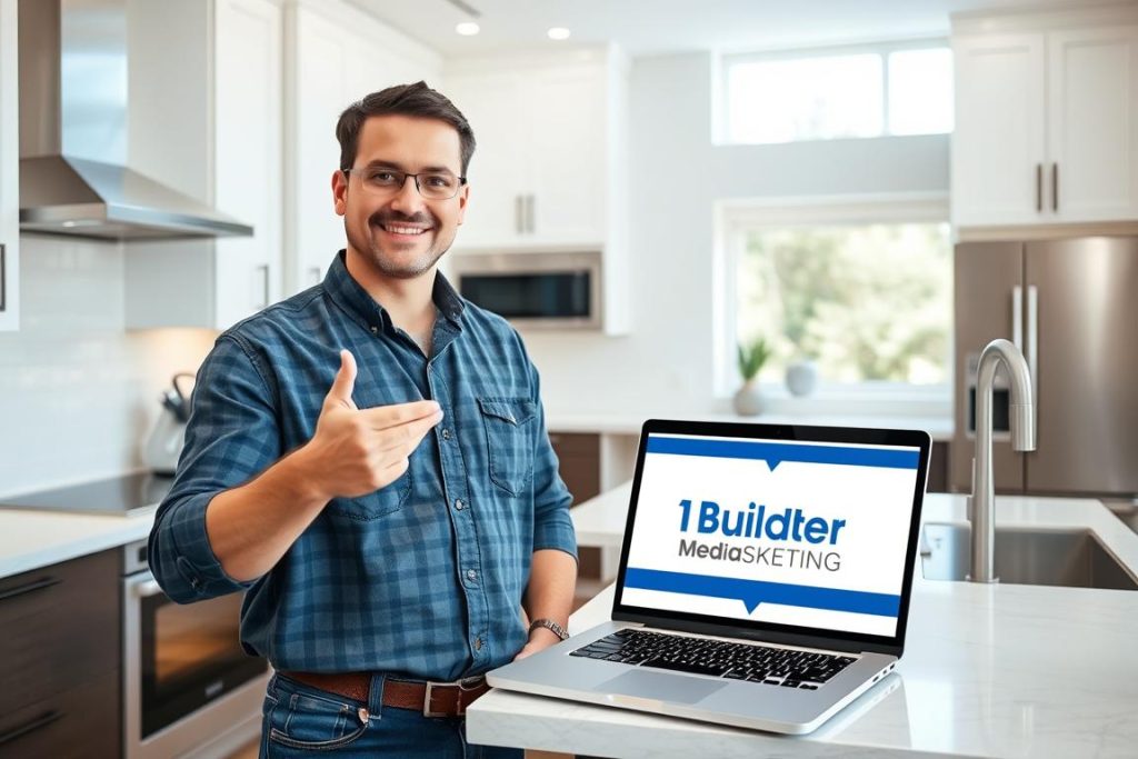 A professional general contractor standing confidently in a well-lit, modern kitchen. They are gesturing towards a laptop displaying a "1BuilderMedia Marketing" brand logo, representing the power of content marketing in their business. The contractor's expression is positive and engaged, conveying the benefits of this marketing strategy. The kitchen features high-end appliances, sleek cabinetry, and natural lighting, creating an aspirational atmosphere. The overall scene showcases how content marketing can elevate a contractor's work and connect with potential clients.