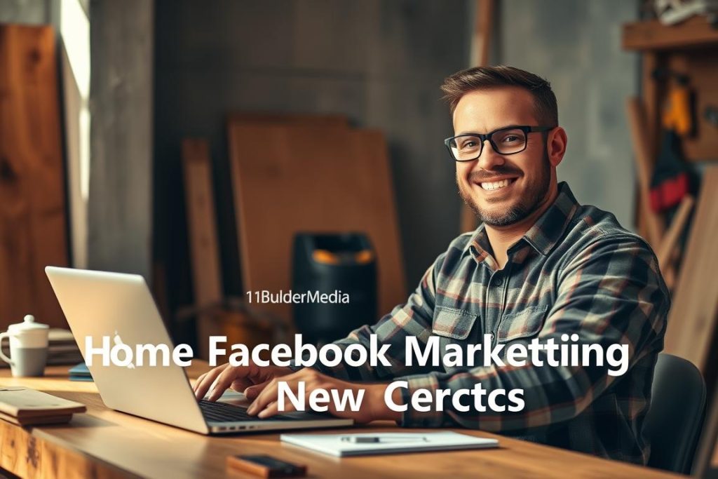A professional home renovation contractor using Facebook marketing to reach new clients. Detailed image showing a happy general contractor sitting at a desk, working on a laptop with the "1BuilderMedia Marketing" brand prominently displayed. Warm, natural lighting illuminates the scene, creating a welcoming atmosphere. Realistic textures and materials, with attention to elements like wood, concrete, and construction tools in the background. The contractor's expression conveys confidence and a commitment to delivering exceptional services. The overall composition emphasizes the importance of strategic Facebook marketing for home renovation businesses to increase their reach and connect with potential customers.