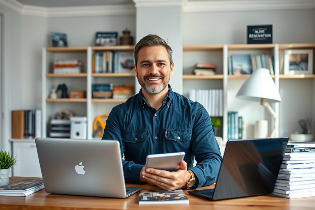 A professional, well-lit image of a renovation contractor in a bright, modern home office, surrounded by various content marketing materials such as a laptop, tablet, and printed materials. The contractor has a confident, approachable expression, representing the success of "1BuilderMedia Marketing" content strategies. The background features shelves with renovation-related books and magazines, creating a sense of expertise and authority. The overall atmosphere conveys a sense of professionalism, productivity, and the importance of content marketing in the renovation industry.