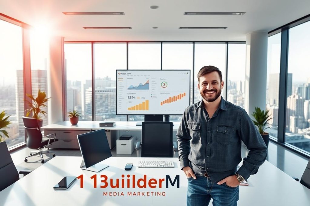 A sunny, well-lit corporate office with a cheerful general contractor standing in the foreground, surrounded by a modern, minimalist desk setup and various digital devices. In the middle ground, a large flatscreen monitor displays social media analytics and engagement metrics, while the background features a sleek, contemporary office environment with floor-to-ceiling windows overlooking a bustling city skyline. The overall atmosphere is one of productivity, innovation, and a strong digital presence, showcasing the "1BuilderMedia Marketing" brand.
